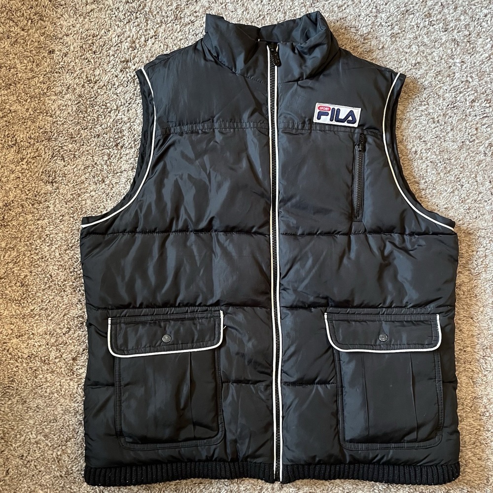Fila Sport Vest Women Large Black Full Zip Puffer Jacket Softshell Flap Pockets